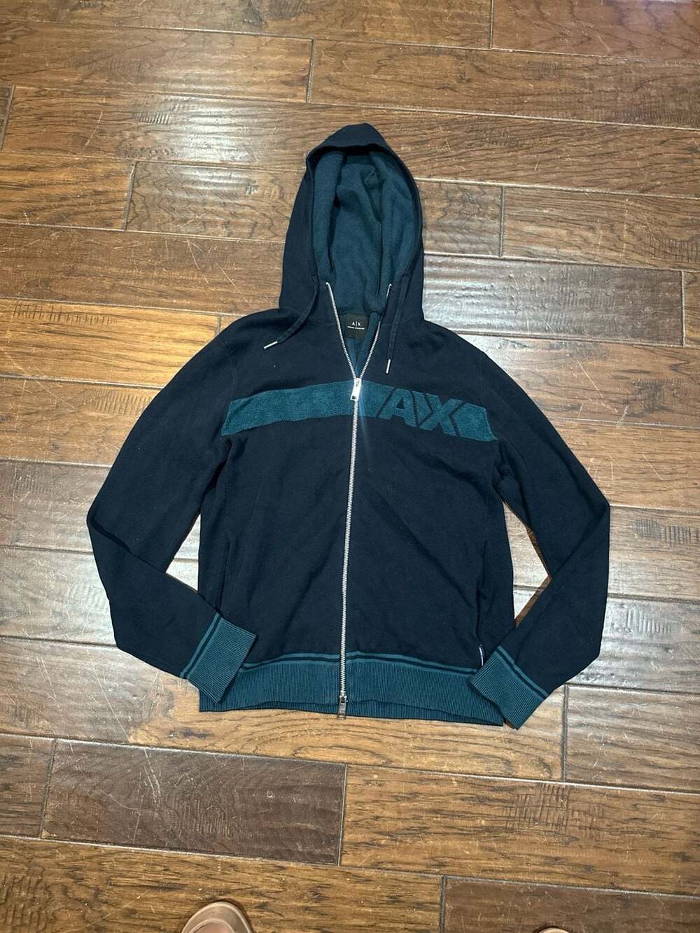 Armani Exchange A|X Navy Blue Full-Zip Knit Hoodie with Teal Logo Stripe